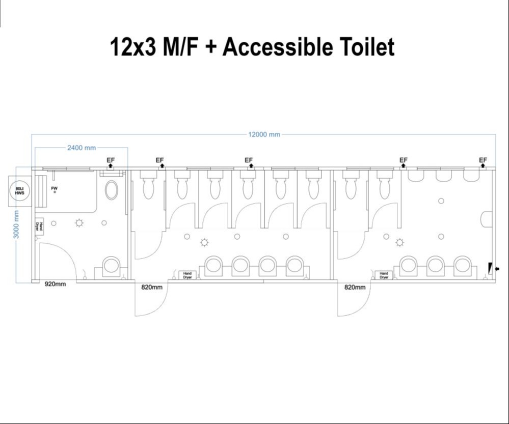 12x3 m/f and accessible toilet